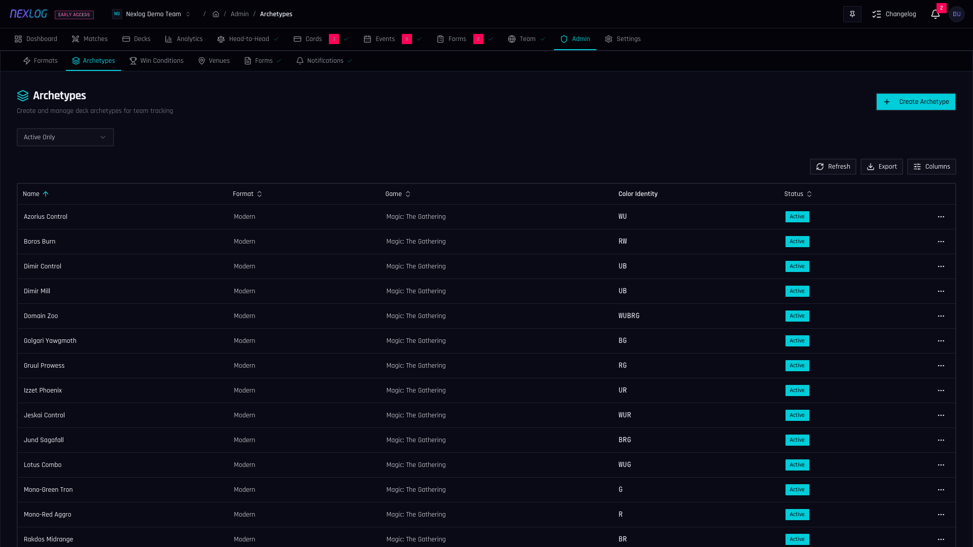 Archetype Management - Nexlog Feature Screenshot