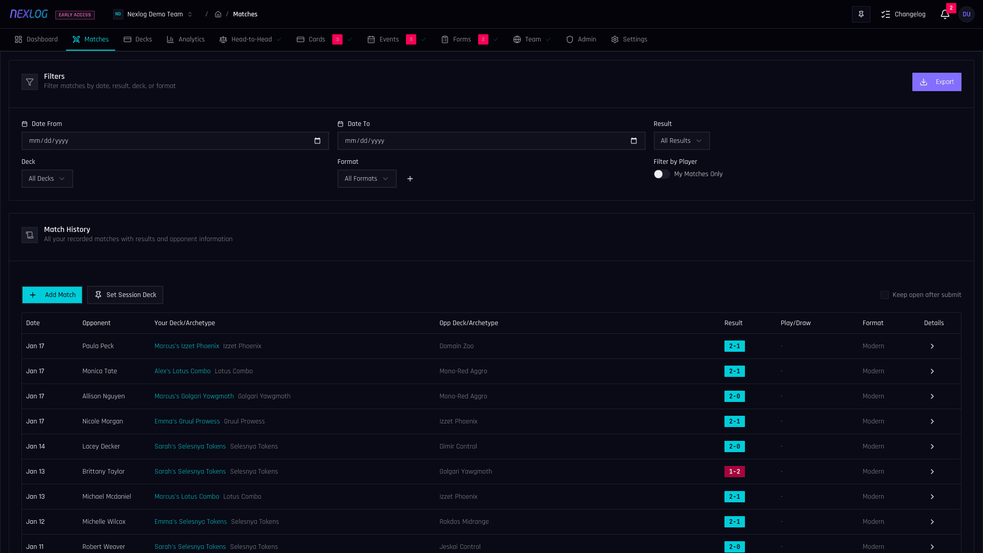 Complete Match History - Nexlog Feature Screenshot