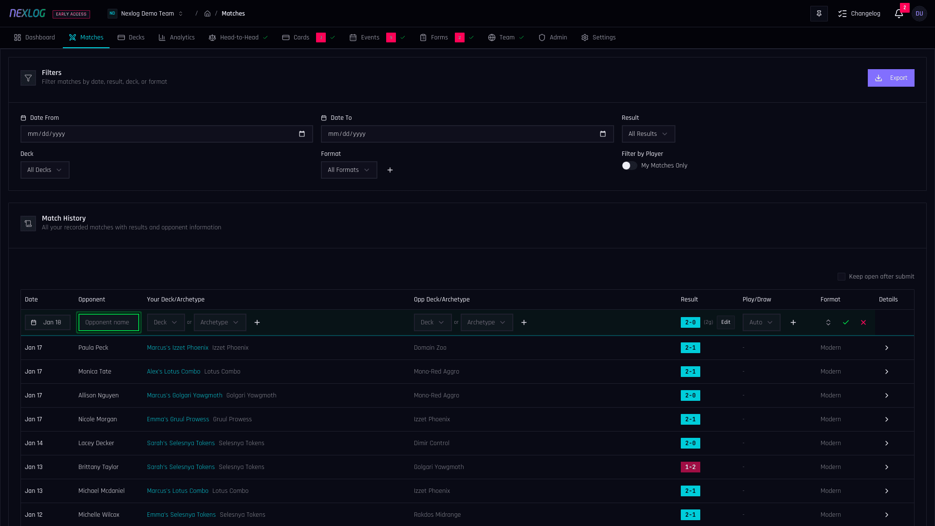 Fast Match Recording - Nexlog Feature Screenshot