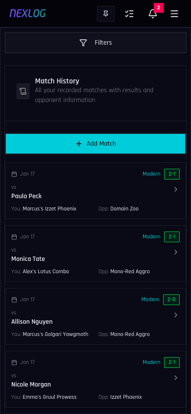 Fast Match Recording - Nexlog Feature Screenshot (Mobile)